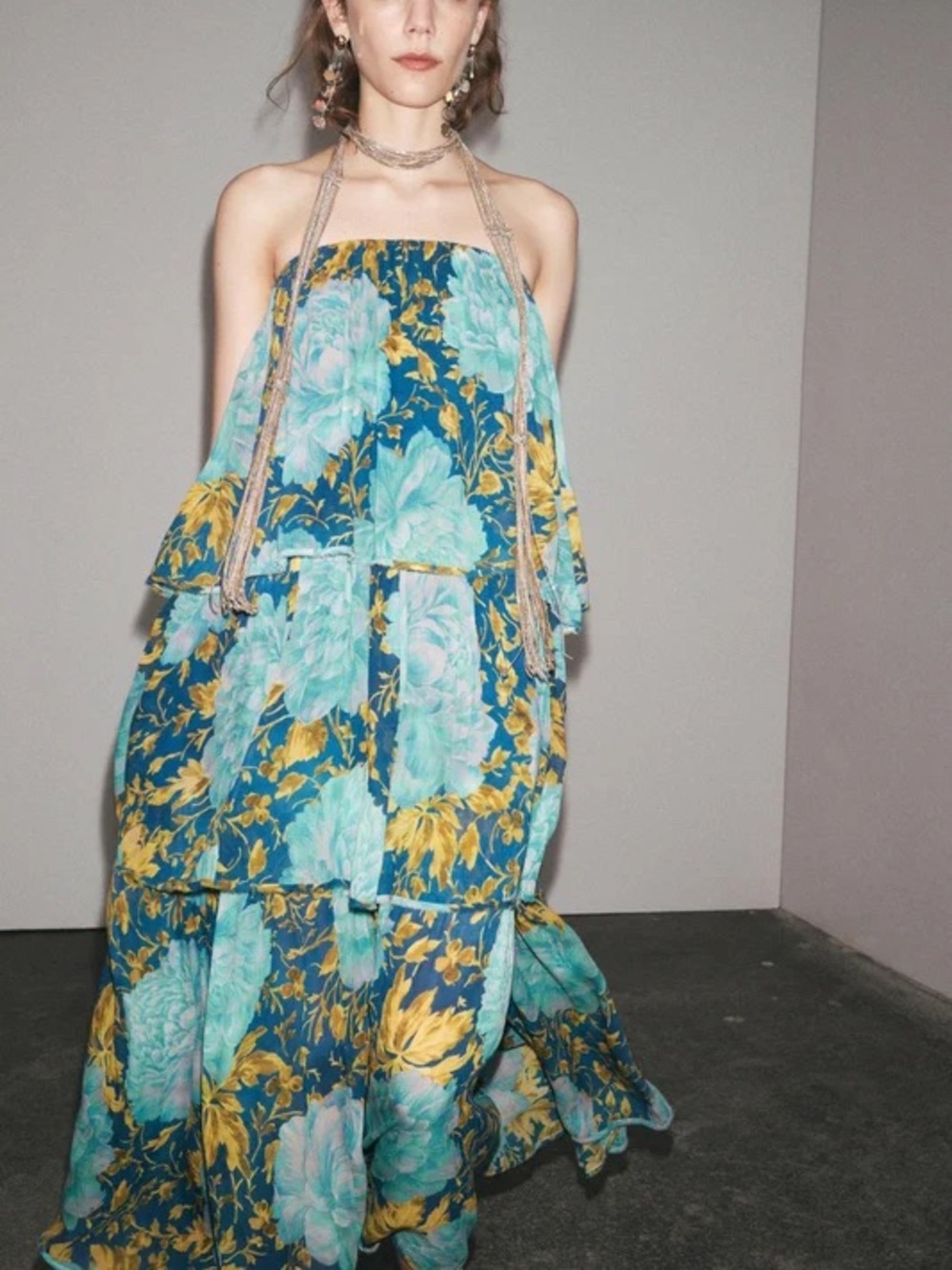 Zara Bohemian Floral blue maxi tiered dress ZARA collection